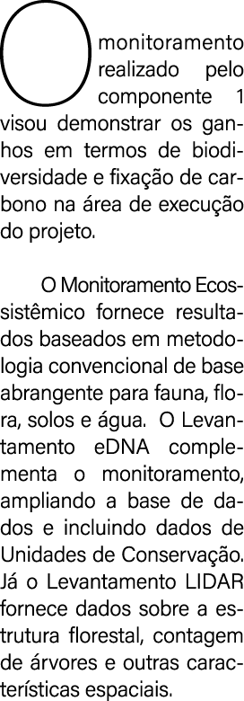O monitoramento realizado pelo componente 1 visou demonstrar os ganhos em termos de biodiversidade e fixa o de carbo...