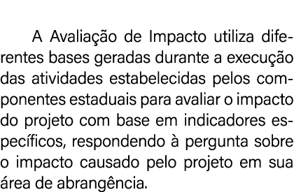  A Avalia o de Impacto utiliza diferentes bases geradas durante a execu  o das atividades estabelecidas pelos compon...