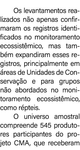 Os levantamentos realizados n o apenas confirmaram os registros identificados no monitoramento ecossist mico, mas tam...