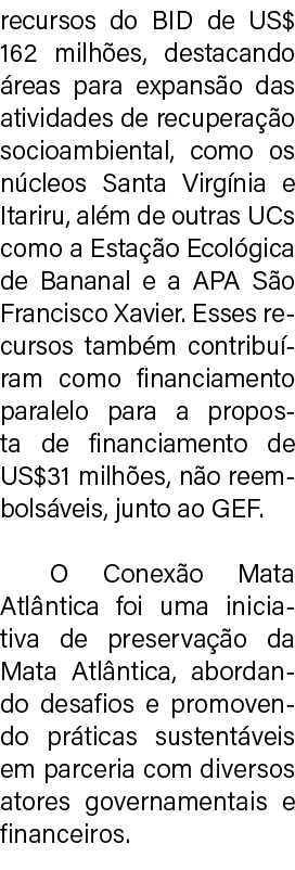 recursos do BID de US$ 162 milh es, destacando reas para expans o das atividades de recupera  o socioambiental, como...
